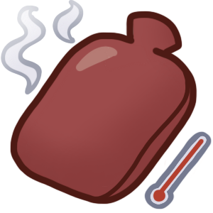 a red hot water bottle. It is steaming, and there’s a classic red thermometer by it to show that it’s hot.
